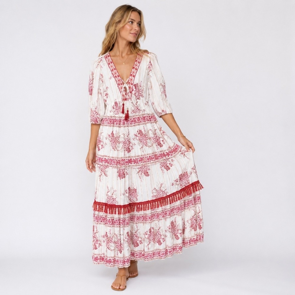 Me 2 Magic Boho Gauzy Maxi Dress Womens S Red White Fringe Embroidered Resort